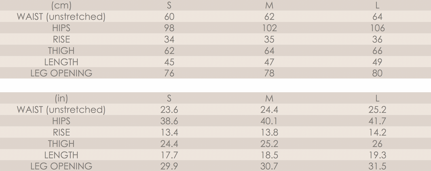 Sizing table for boxer shorts