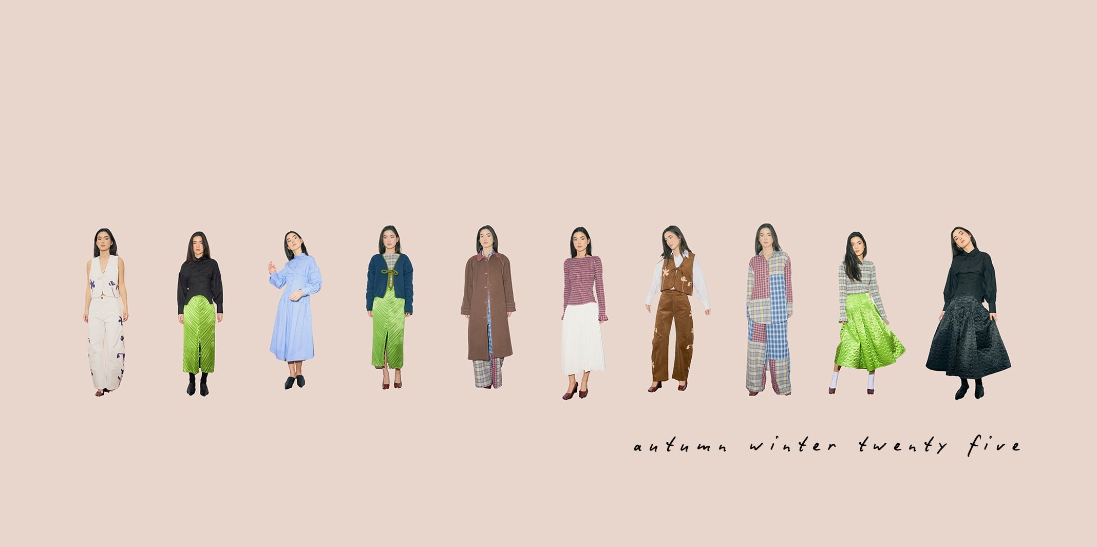 Row of women wearing various outfits on a beige background with 'autumn winter twenty five' text.