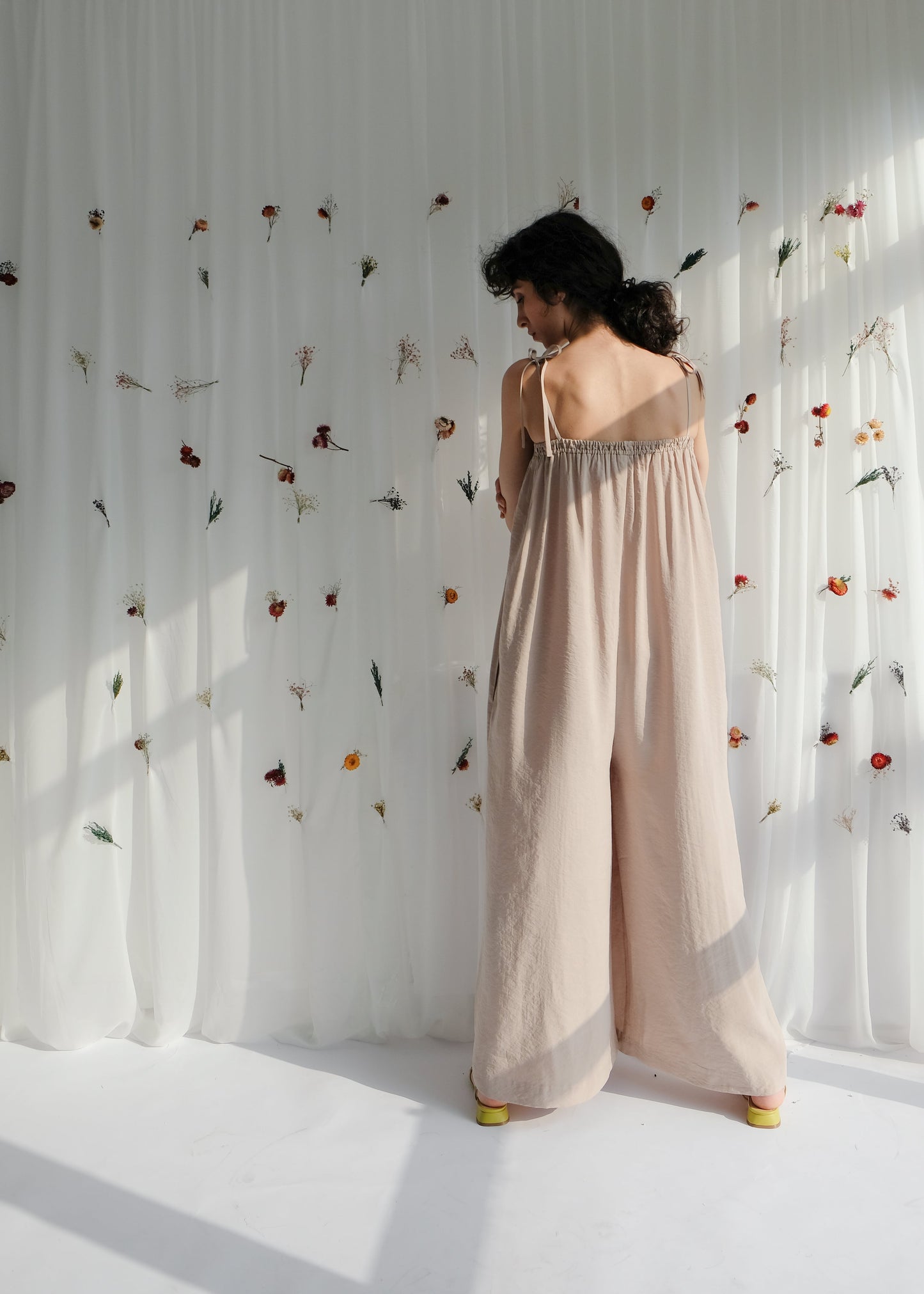  women's clothing, ethical clothing, dress, blouse, OhSevenDays, Back view of woman wearing brown jumpsuit