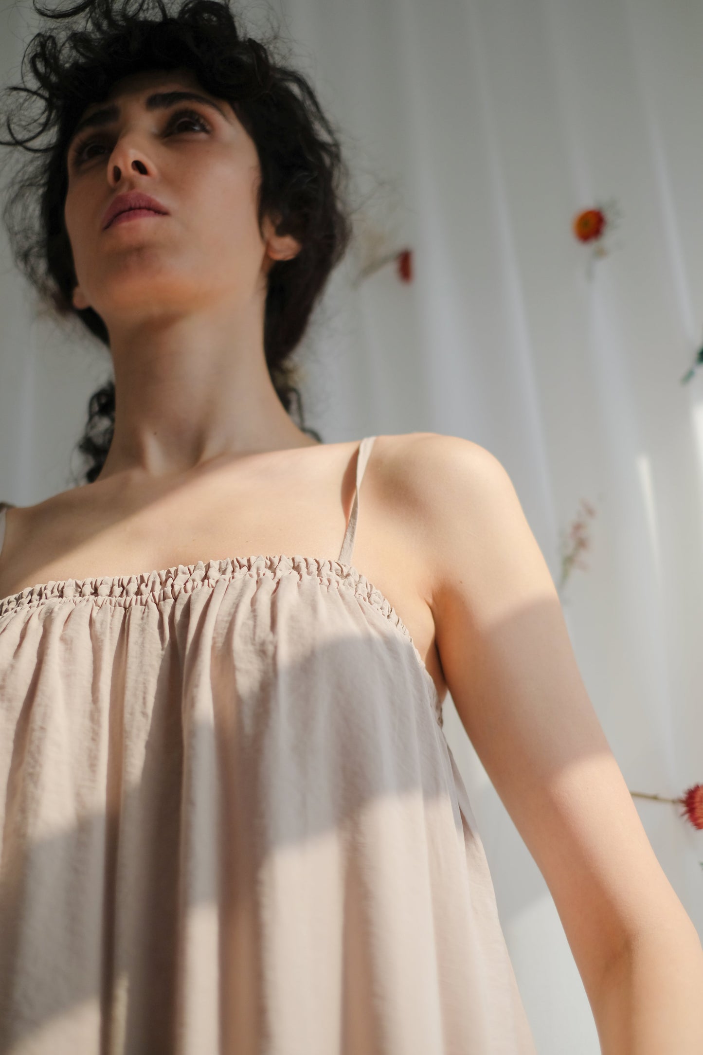 women's clothing, ethical clothing, dress, blouse, OhSevenDays, Close up for woman wearing beige jumpsuit